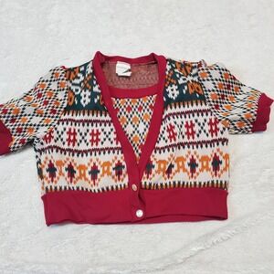 Vintage‎ Coral Evans Red Cream Bohemian Fall Folk Art Knit Vest Cropped Top 10